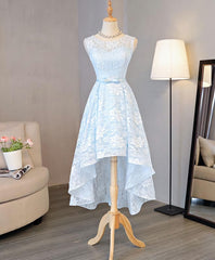 Party Dresses Teens, Light Blue Lace High Low Prom Dress, Homecoming Dress