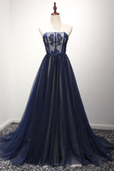 Prom Dress Two Piece, Navy A Line Sweep Train Straight Sleeveless Mid Back Lace Up Prom Dresses