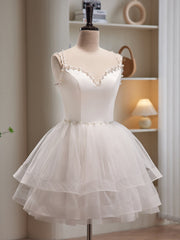 Formal Dress Shopping, White Spaghetti Strap Tulle Short Prom Dress, Cute A-Line Party Dress