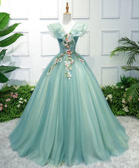 Party Dress New, Green V Neck Tulle Long Prom Dress, Green Evening Dress