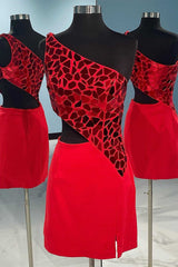 Homecoming Dress Website, Red Cut Glass Mirror One-Shoulder Cutout Homecoming Dress