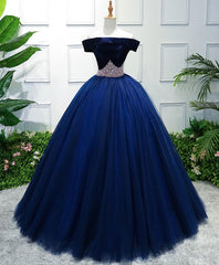 Party Dresses Classy Christmas, Dark Blue Tulle Off Shoulder Long Prom Dress, Blue Sweet 16 Dress