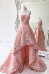 Bridesmaids Dress Inspiration, Charming Modest Pink A Line High Low Strapless Zipper Back Prom Dresses