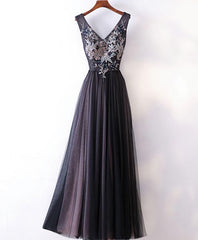 Bridesmaids Dress Short, Black V Neck Lace Applique Tulle Long Prom Dress, Black Evening Dress