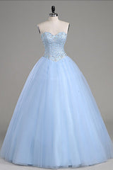 Bridesmaid Dresses Weddings, Light Blue Ball Gown Floor Length Sweetheart Strapless Sleevless Beading Prom Dresses