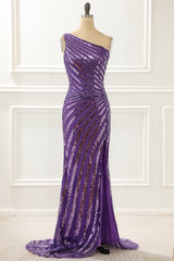 Formal Dress For Wedding Guest, One Shoulder Purple Sequin Prom Dress with Slit