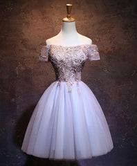 Party Outfit, Cute Lace Applique Tulle Short Prom Dress, Homecoming Dress