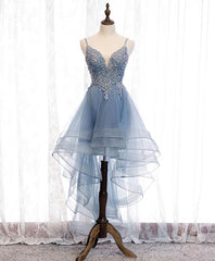 Bridesmaids Dress Blue, Blue Sweetheart Tulle Lace High Low Prom Dress, Blue Homecoming Dress