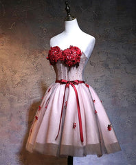 Gala Dress, Red Sweetheart Neck Lace Short Prom Dress