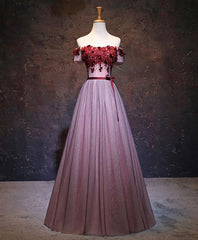 Party Dresses Shops, Pink Tulle Lace Applique Long Prom Dress, Evening Dress