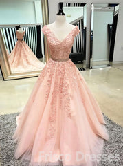 Homecoming Dress Long, Pink Sleeveless V Neck Tulle Lace Applique Long Prom Dresses