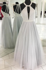 Party Dress Style, Gray A Line Floor Length Halter Sleeveless Beading Prom Dresses