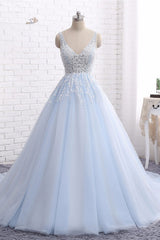 Party Dress Halter Neck, Ball Gown Chapel Train V Neck Sleeveless Backless Appliques Prom Dresses