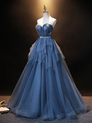 Bridesmaid Dress Long Sleeves, Blue Sweetheart Neck Tulle Long Prom Dress, Blue Evening Dress