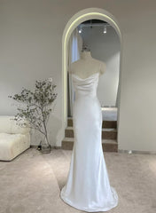 Wedding Dress Fit, White Soft Satin Straps Simple Long Wedding Party Dress, White Long Evening Dress