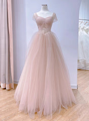 Formal Dresses Shops, Pink Sweetheart Tulle Beaded Long Party Dress, Pink Tulle Prom Dress Evening Dress