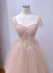 Formal Dress Shop, Pink Sweetheart Tulle Beaded Long Party Dress, Pink Tulle Prom Dress Evening Dress