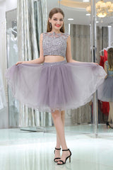 Bridesmaid Dress Mauve, 2 Piece Gray Tulle Short Suit Skirt With Lace Homecoming Dresses