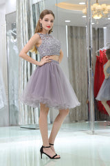 Bridesmaids Dresses Modest, 2 Piece Gray Tulle Short Suit Skirt With Lace Homecoming Dresses