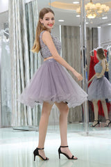 Bridesmaid Dresses Mauve, 2 Piece Gray Tulle Short Suit Skirt With Lace Homecoming Dresses