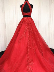 Party Dress Big Size, 2 Pieces Pink Red Lace Prom Dresses, Two Pieces Pink Red Tulle Lace Formal Evening Dresses