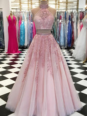 Party Dresses Glitter, 2 Pieces Pink Red Lace Prom Dresses, Two Pieces Pink Red Tulle Lace Formal Evening Dresses