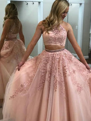 Party Dress Glitter, 2 Pieces Pink Red Lace Prom Dresses, Two Pieces Pink Red Tulle Lace Formal Evening Dresses