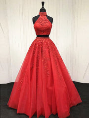 Party Dress Dames, 2 Pieces Pink Red Lace Prom Dresses, Two Pieces Pink Red Tulle Lace Formal Evening Dresses