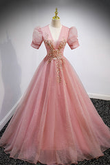 Champagne Prom Dress, Pink V-Neck Tulle Long Prom Dresses, A-Line Short Sleeve Evening Dresses
