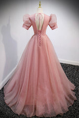 Long Dress Design, Pink V-Neck Tulle Long Prom Dresses, A-Line Short Sleeve Evening Dresses
