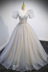 Prom Dress Under 64, Grey V-Neck Tulle Beading Long Prom Dresses, A-Line Evening Dresses