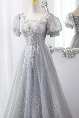 Bridesmaids Dress Under 114, Gray Tulle Lace Long Party Dress, A-Line Evening Dress