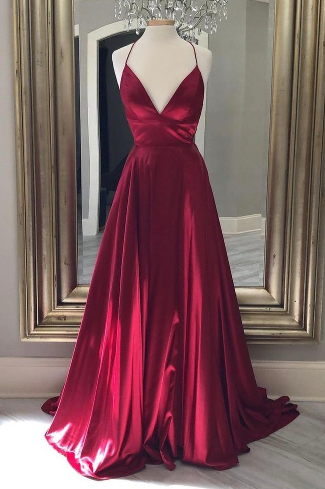 Party Dresses And Jumpsuits, Burgundy Satin Long Prom Dresses, Simple A-Line Backless Evening Dresses