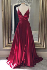 Party Dresses And Jumpsuits, Burgundy Satin Long Prom Dresses, Simple A-Line Backless Evening Dresses