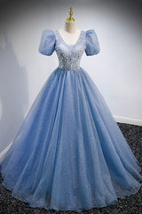Strapless Dress, Blue V-Neck Tulle Beading Long Prom Dresses, Blue Short Sleeve Evening Dresses