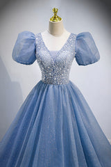 Cocktail Dress Prom, Blue V-Neck Tulle Beading Long Prom Dresses, Blue Short Sleeve Evening Dresses