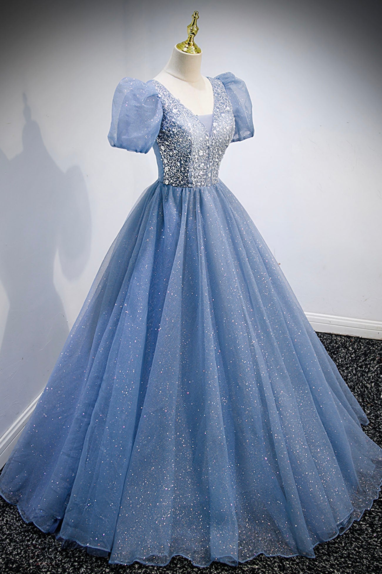 Prom Inspo, Blue V-Neck Tulle Beading Long Prom Dresses, Blue Short Sleeve Evening Dresses