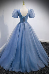 Debutant Dress, Blue V-Neck Tulle Beading Long Prom Dresses, Blue Short Sleeve Evening Dresses