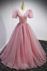 Homecoming Dress Short, Pink V-Neck Tulle Long Prom Dresses, A-Line Evening Party Dresses