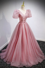 Homecoming Dresses Short, Pink V-Neck Tulle Long Prom Dresses, A-Line Evening Party Dresses