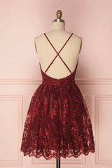 Party Dresses Night, Burgundy V-Neck Lace Short Backless Prom Dress, Cute Lace Party Dress