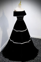 Homecoming Dresses Blues, Black Velvet Long Prom Dresses, A-Line Off the Shoulder Evening Dresses