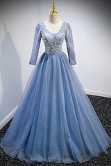 Sparklie Dress, Blue V-Neck Tulle Beading Long Prom Dresses, Long Sleeve Evening Dresses