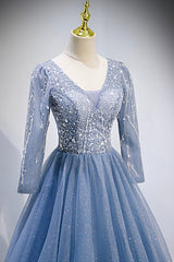 Party Dress Halter Neck, Blue V-Neck Tulle Beading Long Prom Dresses, Long Sleeve Evening Dresses