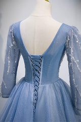 Backless Prom Dress, Blue V-Neck Tulle Beading Long Prom Dresses, Long Sleeve Evening Dresses