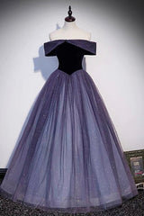 Evening Dress For Sale, Purple Velvet Tulle Long Prom Dresses, A-Line Off the Shhouler Evening Dresses
