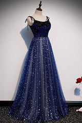Formal Dress Australia, Blue Tulle Long A-Line Prom Dresses, Blue Evening Party Dresses