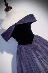 Evening Dresses For Sale, Purple Velvet Tulle Long Prom Dresses, A-Line Off the Shhouler Evening Dresses