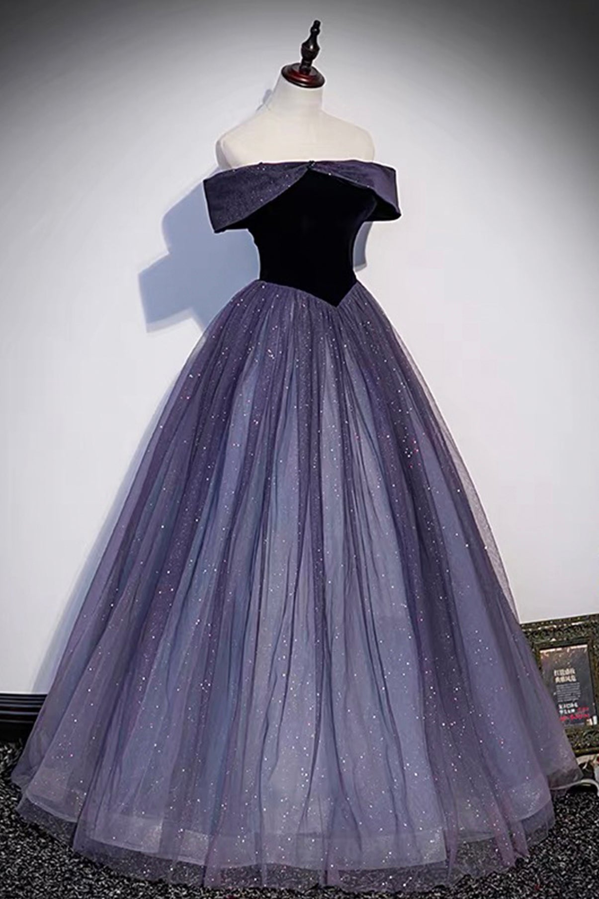 Evening Dress Store, Purple Velvet Tulle Long Prom Dresses, A-Line Off the Shhouler Evening Dresses