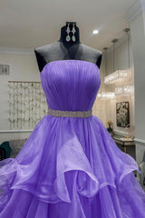 Evening Dresses 3 17 Sleeve, Purple Strapless Organza Long Prom Dress, Princess Quinceanera Dresses